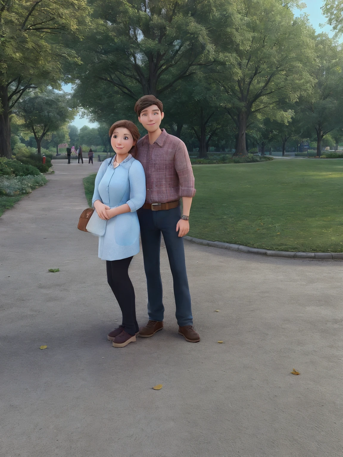 there is a man and woman standing on a sidewalk in a park, lovely couple, with a park in the background, couple pose, in a city park, in the background, szekely bertalan and lotz karoly, in a park, very very low quality picture, smooth in _ the background, park in background, in the park, in sunny weather