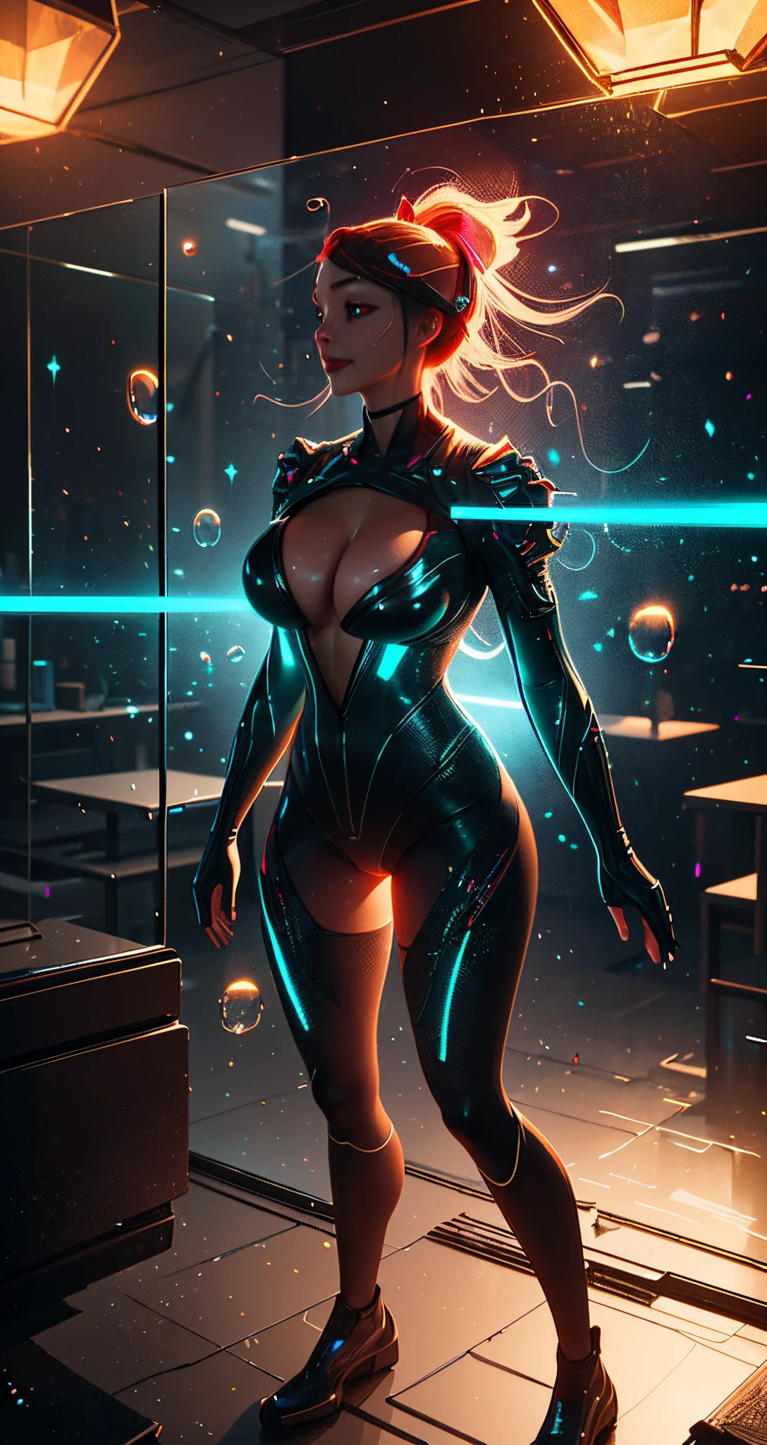 a glowing head made of glass and a glowing body made of glass, many transparent reflective glass, (nice breast) full body, long legs, big smile, amazing particles pulling misting out of the glass head and body, like droplets of glass floating, 8k highly detailed digital art, intricate artwork, octane render, mind-bending digital art, breathtaking digital art, 3d digital art, 8k hd wallpaper, volumetric lighting, highly reflective glass particles