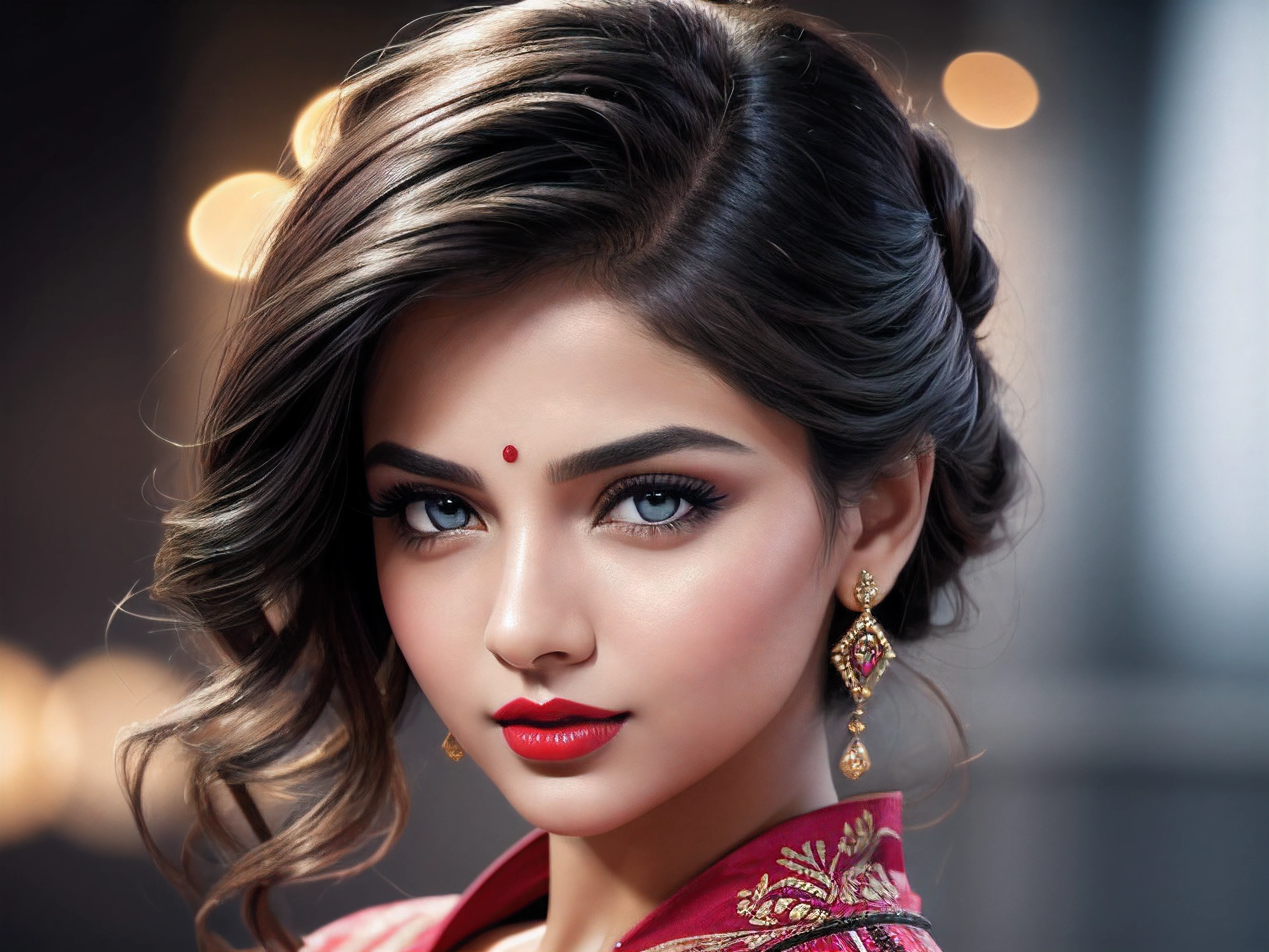 night bokeh effect background, perfect pink eyes, fantastic face, Indian, beautiful look, ((red lips, bright eyes, curve heir 1.5)), ((beautiful details body)), A glorious gorgeous, glorious gorgeous face, pretty face, bright eyes, detailed elegant printed shirt, updo elegant hair, blurred gray tones background, ultra focus, face ilumined, face detailed, 8k resolution, painted, dry brush, brush strokes,