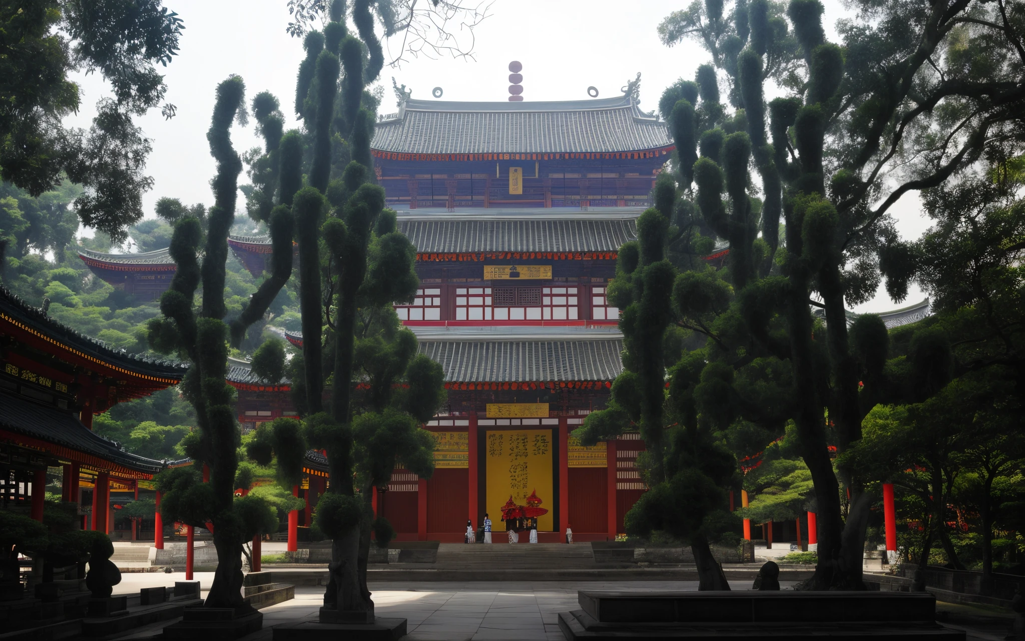 there is a big building,There are many windows and many trees, Taoist temple and monks, temple, Buddhist monasteries, a temple, large temples, Tang Dynasty Palace, in front, Chinese temple, Chinese architecture, Front view, Temple in the background, japanese temples, Front view, a mystical temple, shaved temples, Chinese Ancient Architecture, Front view