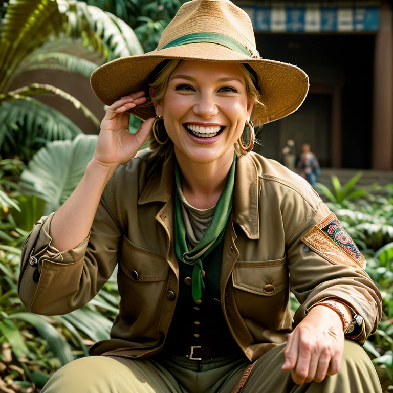((drew struzan painting)) highly detailed ((Katee Sackhoff sitting laughing)) in an ((action-pose portrait)) wearing an ((outback hat)) and a ((brown jacket)) and ((tan pants)) and ((button up shirt)) with a ((green bandanna)) in front of an ((ancient temple in the jungle)), ((female Indiana Jones)), cinematic shot on Nikon D5 ultra realistic skin intricate clothes accurate hands, ((adventure atmosphere))
