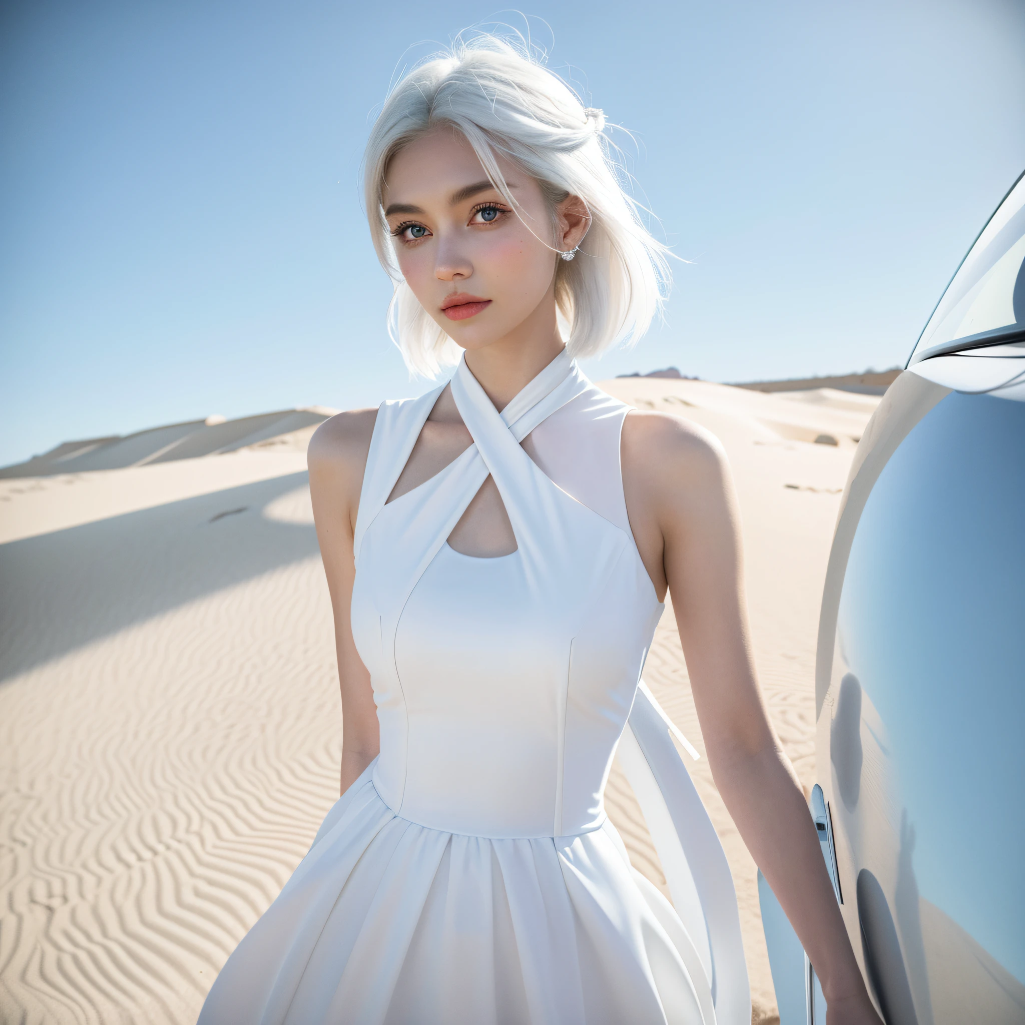 bare arm, bare palms, sleeveless shirts, full bodyesbian,1 girlirl,Wearing space opera style costumes,paleskin,Simple evening dress with a sci-fi feel,white plastic,diffuselighting,divine goddess,fanciful,No helmet,absurderes,sand dune,Volkswagen,(tmasterpiece:1.4),ultra - detailed,1 rapariga,The stands up,2023 Fashion,offcial dress,white color hair,