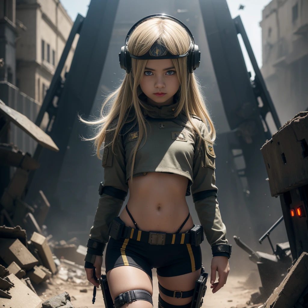 Destroyed towns,ukrainian girl , Ukrainian anime girls , , Ukraine ,  Full body composition of young girl with messy bright blonde hair, eye make up, ,  Soft lighting, Solo, Old torn dirty shabby futuristic military uniform, badges, Pose, Blotch color, Octane Render, Hyperrealistic intricate detail, Cinematic, 8K resolution, 70mm, Accent Lighting, Global Illumination, Full body portrait, clean detailed faces, intricate clothing, Cute face, flat chest, Slim waist, Slim legs, small hips,Wearing a thick steel combat suit,Combat helmet,Holding the Gatling gun in your hand,