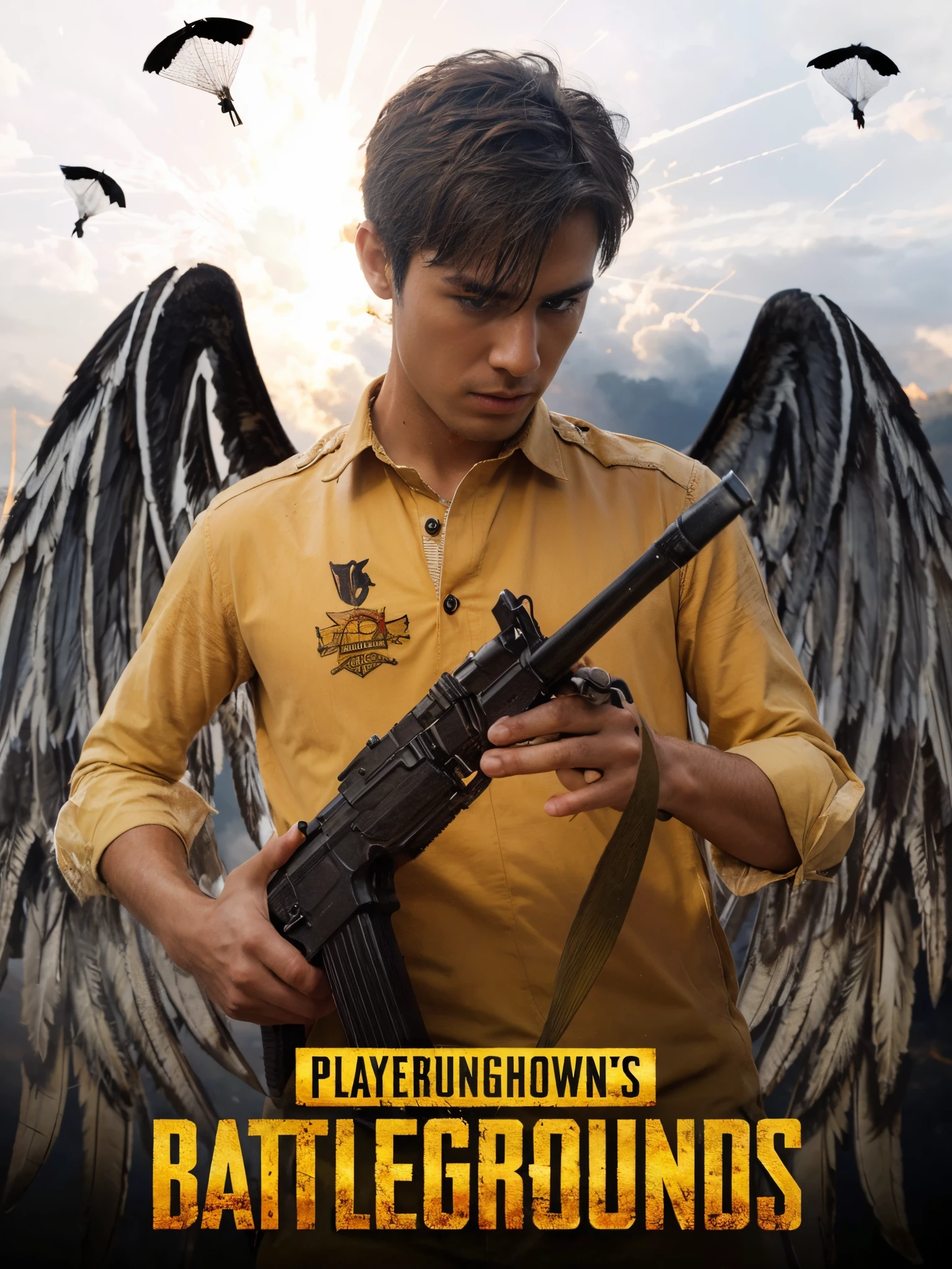 Masterpiece, RAW photo, sky effects, battleground, handsome man, getting ready, holding gun, wings, fire