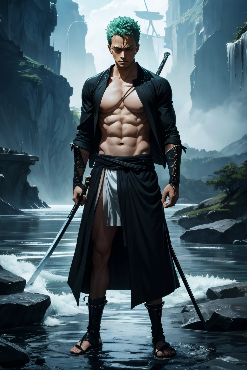 Creation of Loloa Zoro,refrigeratory,黑The eye,Swordsman,rivers and lakes,robust,Broken clothes,delicated