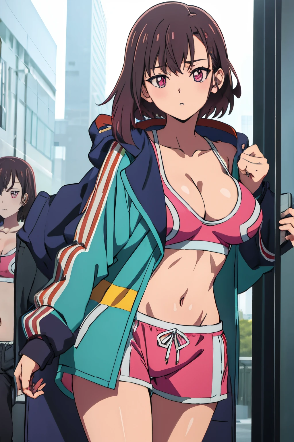 Masutepiece, Best quality, high resolution, ultra high resolution, Depth of fields, short hair, brown hair, pink eyes, Hair pin, long sleeves, cleavage, big tits, collarbone, jacket, Jacket off, Jacket open, blue jacket, pink sports bra, with light gray lines, pink sports shorts, with gray lines, black tights, medium waist, medium hips, wide thighs