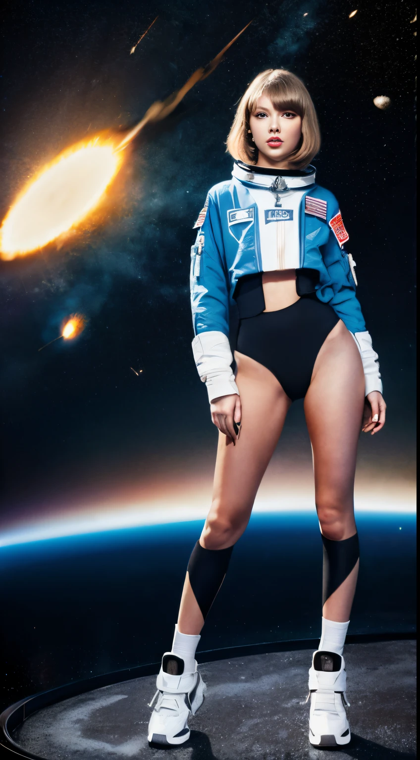taylor swift ultra high definition image,Full body height[(background blue earth:1.5)::5], mid-shot, Full body, astronaut style, ((Meteor swarm)),Beautiful detailed face showing the space shuttle,Sexy full body images,
