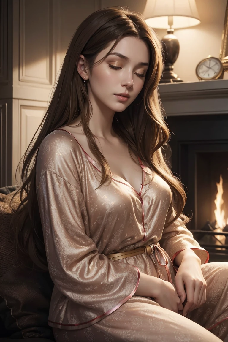 ((A couple in love)), ((woman with long brown hair dressed in pajams)), sitting by a fireplace with ((man with short blonde hair dressed in pajamas)), (((snuggle))), eyes closed,  hair with many details, 8k artgerm bokeh, fanart best artstation, render photorealistic,  guweiz-style art, inspired by WLOP, ig model | artgerm, detailed waist up portrait, stunning wais t up portrait of realistic face, beautiful waist up portrait, deviantart artstation cgscosiety, cinematic realistic portrait, high quality portrait, elegant digital painting, photorealistic artstyle, ((dimly lit living background))