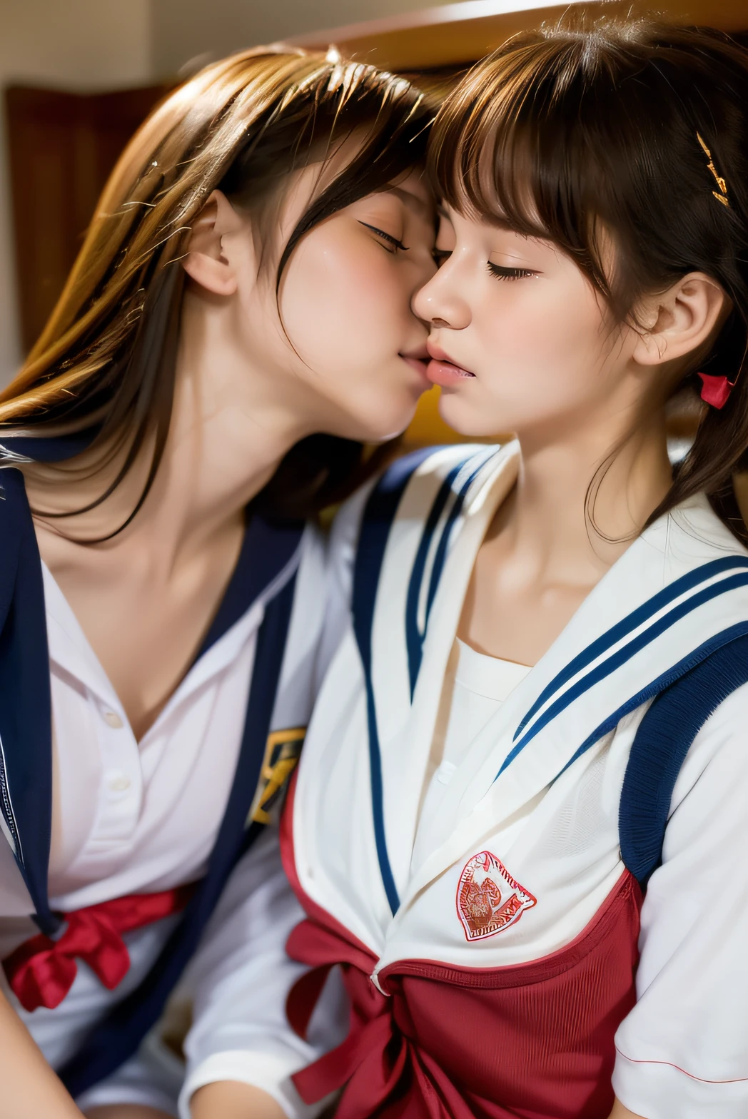 (Best Quality,4K,High resolution:1.2), Ultra-detailed, Realistic portrait, Best Quality (crass room), (passionate scene),two high school girls kissing (intense emotion), (carp), (kiss:1.1), Close-up of the face, (Closed eyes),student clothes、a sailor suit、鎖骨、Chest