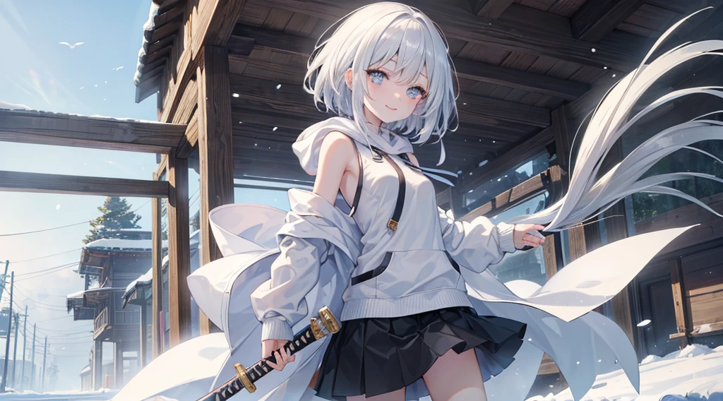 mid-shot, Look at viewers, hands behind back, girl with, 20 years old, Very short hair, long bangs between eyes, hair over shoulder, Grey Hair, Floating hair, ^ ^, pale blue eyes,, Hoodie, The shirt,Skirt, Bare shoulder, White clothes, Blue sky, Nature, Sunlight, Extremely detailed,(​masterpiece、top-quality)、独奏、1womanl、White hair、the tips of the hair are blue、Black eyes、A smile、White skin as clear as snow、Fantastical,Small breasts, Silver hair, , Beautiful eyes, Teen Girl, Ecstasy, charmed, be smitten with audience, Hoodie, Hoodie with open front, White muffler, Shoulder out,Black skirt, snowscape , Sunlight,having katana