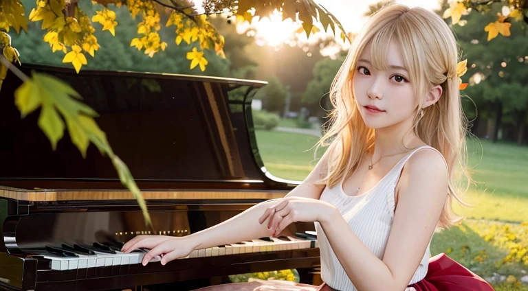 In the setting sun，a blonde beauty ，in a skirt，falling leaf，Playing the piano leisurely，The picture is HD