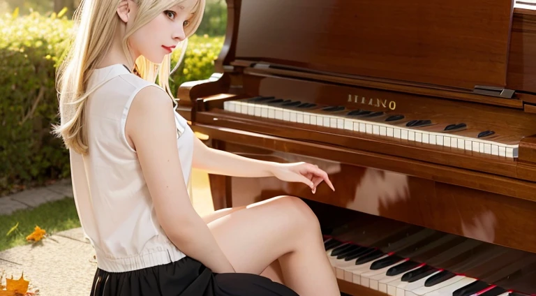In the setting sun,a blonde beauty ,in a skirt,falling leaf,Playing the piano leisurely,The picture is HD