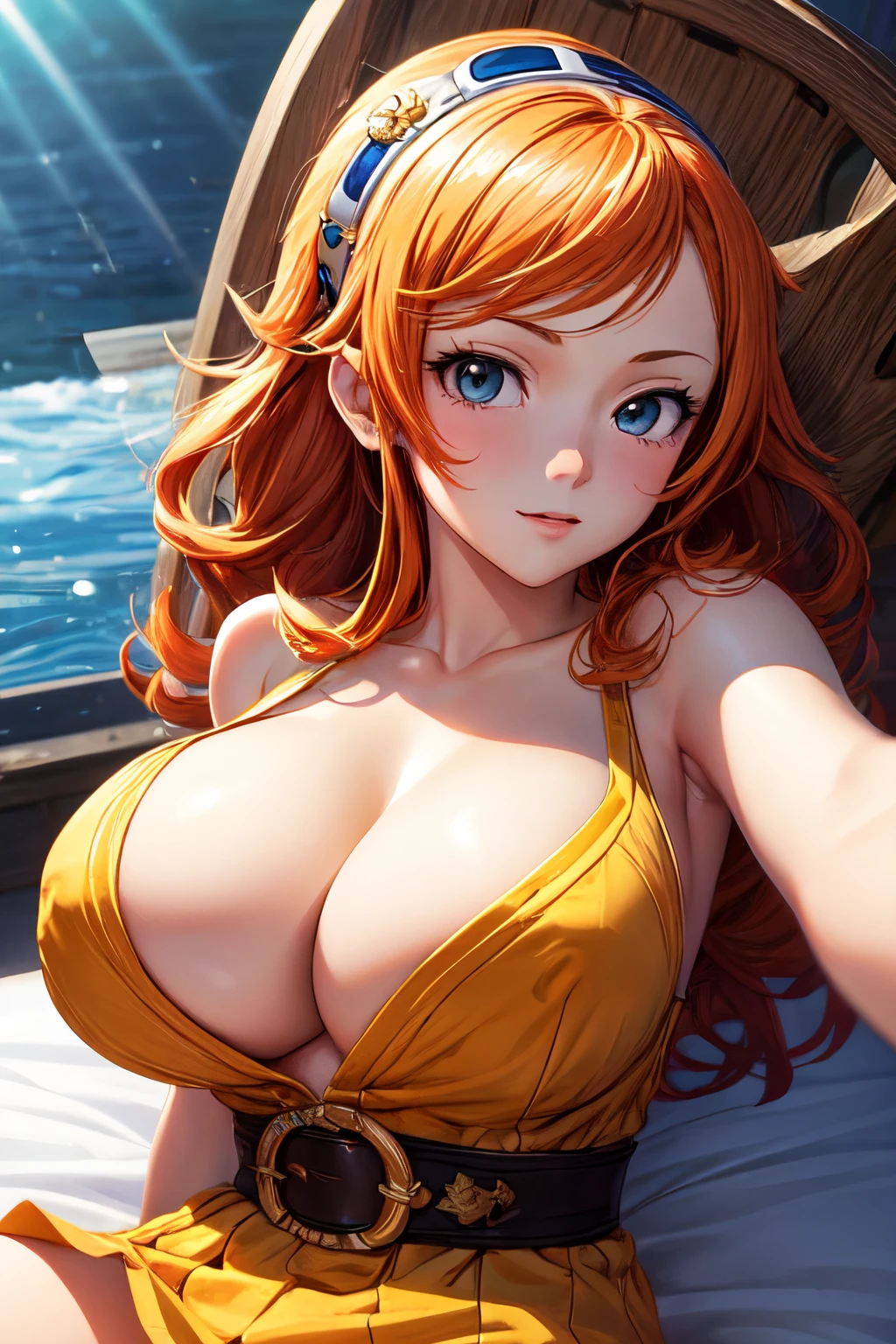 ((best quality)), ((masterpiece)), (detailed), 2 person, 1 nami , orange hair, 1 boa hancock, dark hair, pirates, perfect face, one piece anime, nami,, big brest, nipple, well body, perfect eyes, bed.