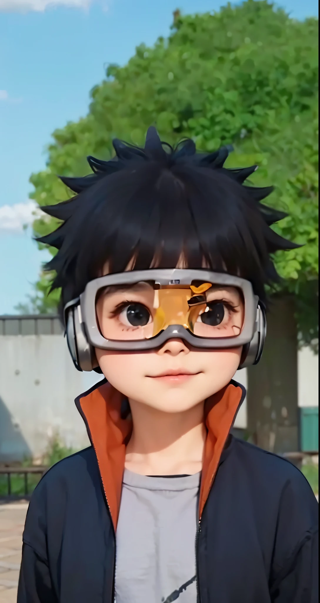 Real life adaption of this character ,The handsome face of a boy, realistic same hair , (realistic same outfit), realistic background , realistic light, realistic shadow, realism, hyper realistic,(photorealistic:1.2), normal small eyes,wear realistic pilot glasses Made from iron
