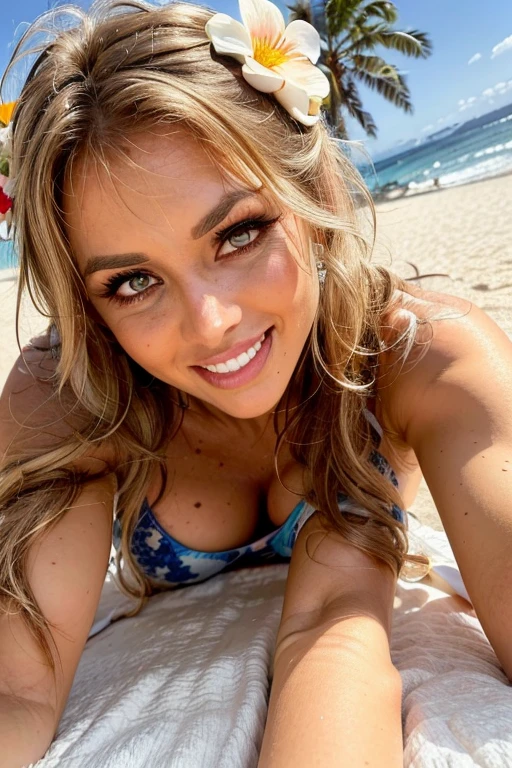 full body shot of (woman Lying on a beach towel in a bikini and cover-up. small smiling), (detailed realistic face), (((hyperdetailed))), zoomed out, symmetrical face, detailed pupil, expressive eyes, Casey Baugh, Michael Garmash, Sophie Anderson, hasui kawase, makeup, real photography, modern look, Real photography (Realisitc:1.5)