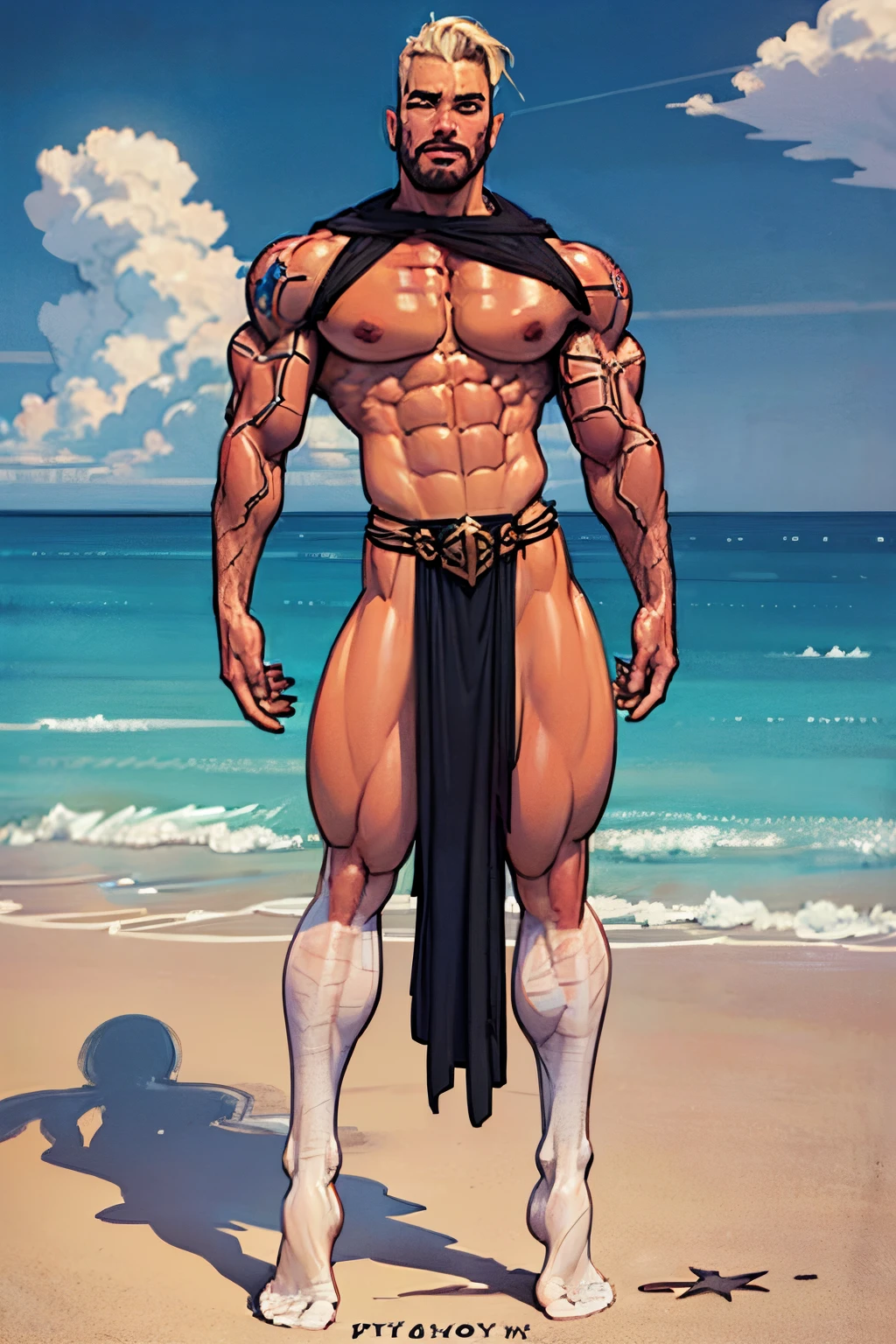 ((Confident pose:1.5)), a painting of a (((muscular))) man with water Aura, large body of water surrounds man, The God Poseidon, ((thick muscular thighs)), The God of the Sea, brown loincloth, golden crown, Poseidon, colored lavender skin, colored skin, ((light lavender skin:1.5)),((light lavender face)), ((light lavender legs)), ((light lavender arms)), ((light lavender feet)), God of the Ocean, God Shiva the Destroyer, Like an Atlantean, ((no hair)), veiny biceps, chiseled abs, muscular legs, rugged face, bald head, masterpiece, 8k