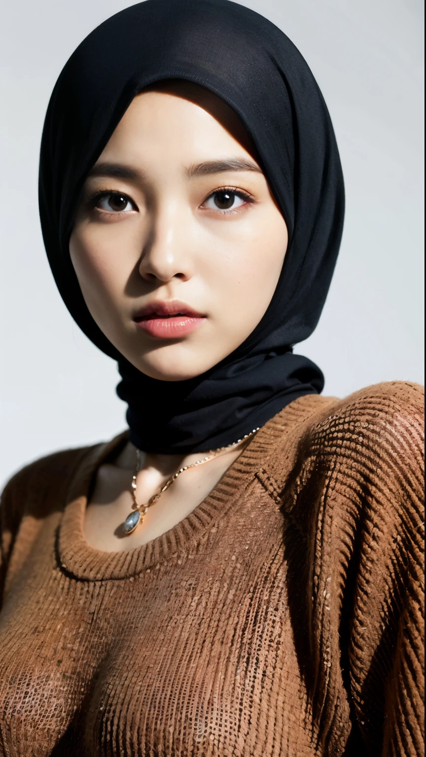 (Best quality, 8k, 32k, Masterpiece, UHD:1.2),Photo of Pretty Japanese hijab woman, large breasts, tight shirt, clean background, photo studios, fetish hijab, woman hijab sitting in a chair, digital art, gucci style, gucci clothes, album, official artwork, streetwear graphic design ,photo in studio, clean background, The Queen.