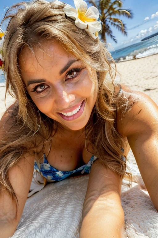 full body shot of (woman Lying on a beach towel in a bikini and cover-up. small smiling), (detailed realistic face), (((hyperdetailed))), zoomed out, symmetrical face, detailed pupil, expressive eyes, Casey Baugh, Michael Garmash, Sophie Anderson, hasui kawase, makeup, real photography, modern look, Real photography (Realisitc:1.5)