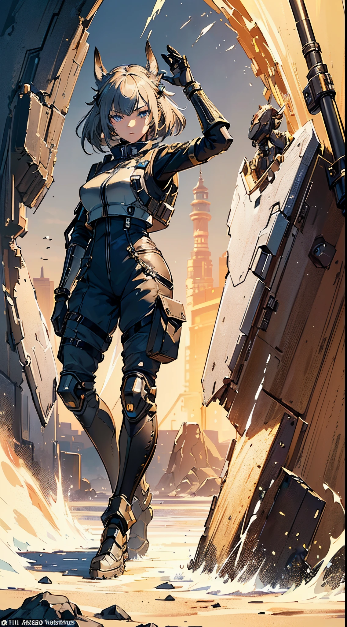 masterpiece, high quality, detailed art, concept art, character concept, ARKNIGHTS, sci-fi knights, anthro animals battle androids, (detailed face, detailed eyes, detailed accessories, detailed body:1.5), (battle android model), female character android, (wearing sexy elegant future outfit uniform with straps and accessories, cargo pants, military vest), (holding weapon), action pose, battle damage