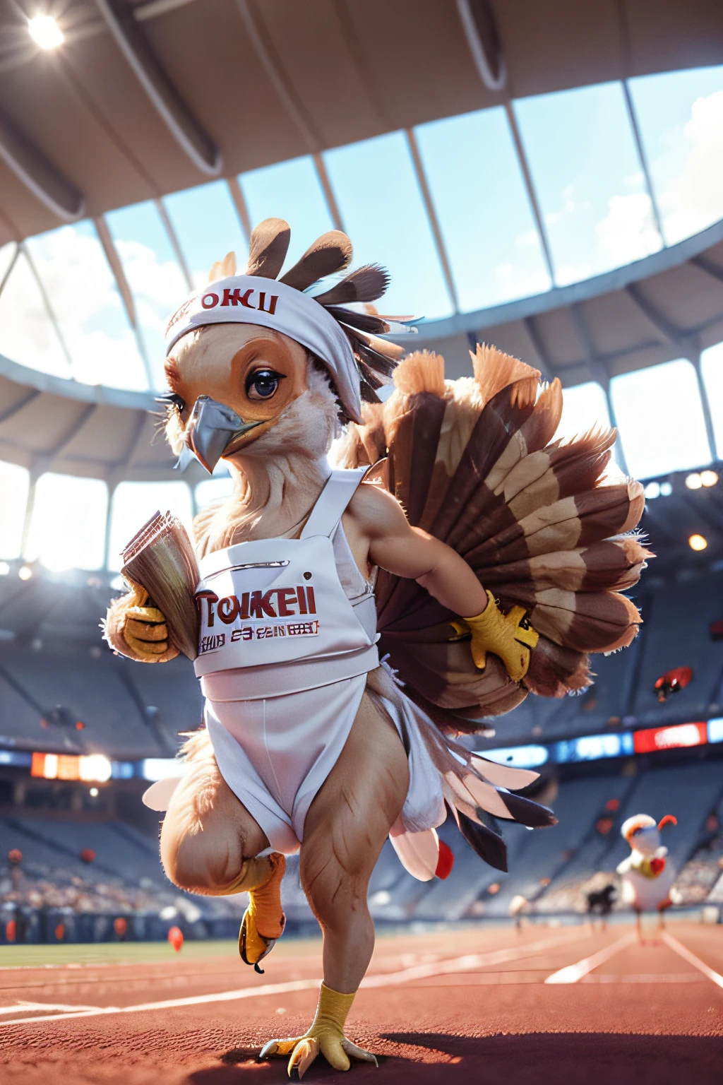 (turkey:1.3), bird, cute turkeys wearing bib and headband racing in the stadium, (chibi:1.2), motion blur, (best composition), (Masterpiece), (Best Quality), (Ultra high Detailes)