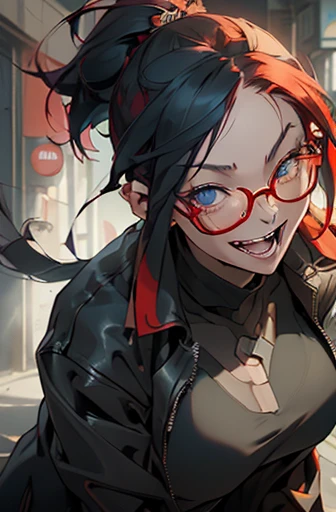 1nerdy woman with glasses, Japanese 30yo girl, blunt bangs hairstyle, fringe cut bangs hairstyle, The forehead is hidden by bangs, (red hair), ((boyish)), (low pony tail:1.5), ((asymmetrical messy hair)), (((black-rimmed round glasses))), (((beautifully detailed face))), (((perfect face))), (((Beautiful detailed eyes))), (((perfect eyes))), sharp eyes, (Blue eyes:1.5), (gothic makeup with so many eyelashes and jet black eyeshadow), ((sadistic grinning smile:1.2), (open mouth:1.5)), (bronze skin), ((open coat), (loose t-shirt)), street fashion, sport pants, (Solo), perfect anatomy, slender, abs, (thin waist), (handsome face:1.3), ((crazy smile:0.8), (teeth fangs:1.3)), (dark skin:1.3), (Narrowed Eyes:1.1), (staring at me:1.3), (half-closed eyes:1.4), ((two-tone hair:1.2), multicolored hair), (half black and half red hair:1.5)),  (on the left is black hair, on the right is red hair), (((black thick rimmed glasses))), (high detailed skin), ((top-quality)), ((High Definition)), ((beautiful detailed)), high quality shadow, mostly cloudy sky, ((official art)), octane render, Cyberpunk city street background, White balance, Long Exposure, Depth of Field, anatomically correct, (((Best Quality))), (((masterpiece))), (((Super Detail))), (((UHD)))