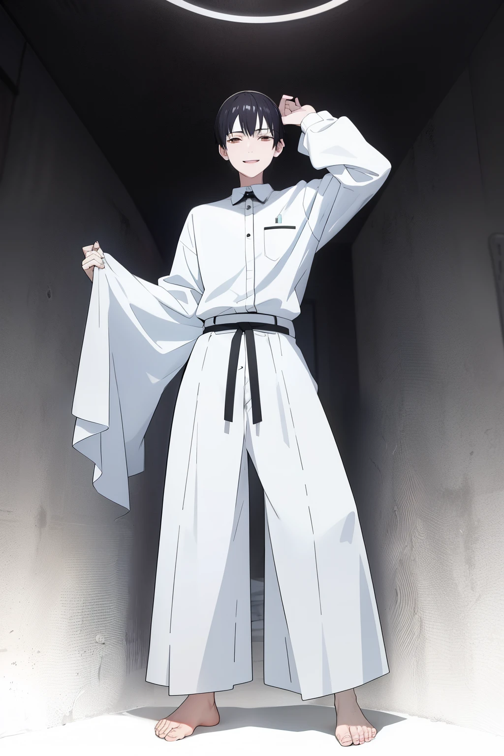 A boy, a wicked smile, black hair, beautiful round white eyes, his upper half is naked. full body, He was born fi eyes,, Wide trousers, black wide pants, The upper half is naked, the boy's eyes are white, Little boy, Naked body, The bstanding, White skin,Iron hands, Fire in his hand