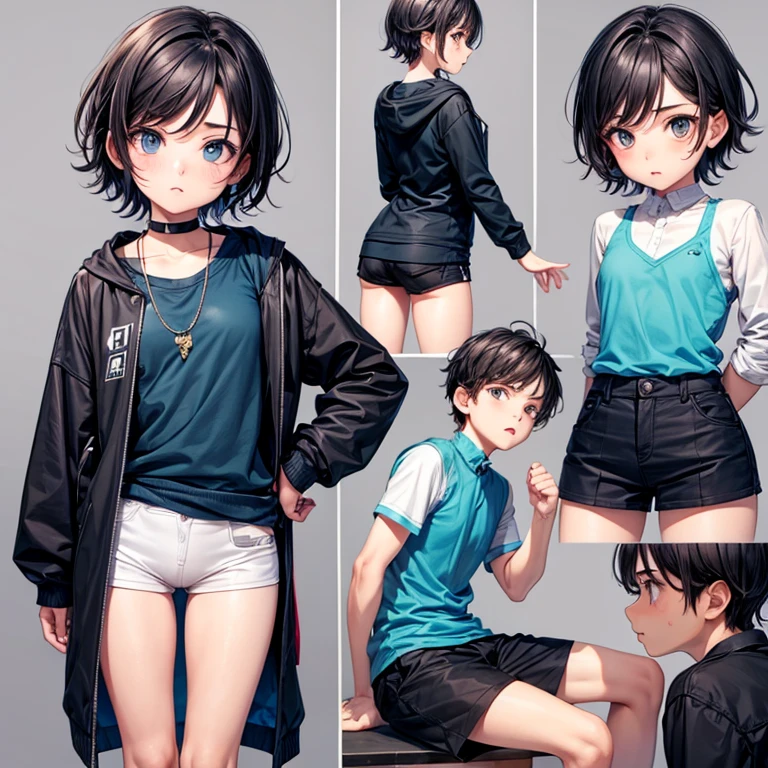 A girl halfway in transforming into a boy, scared look, boy variants of clothing