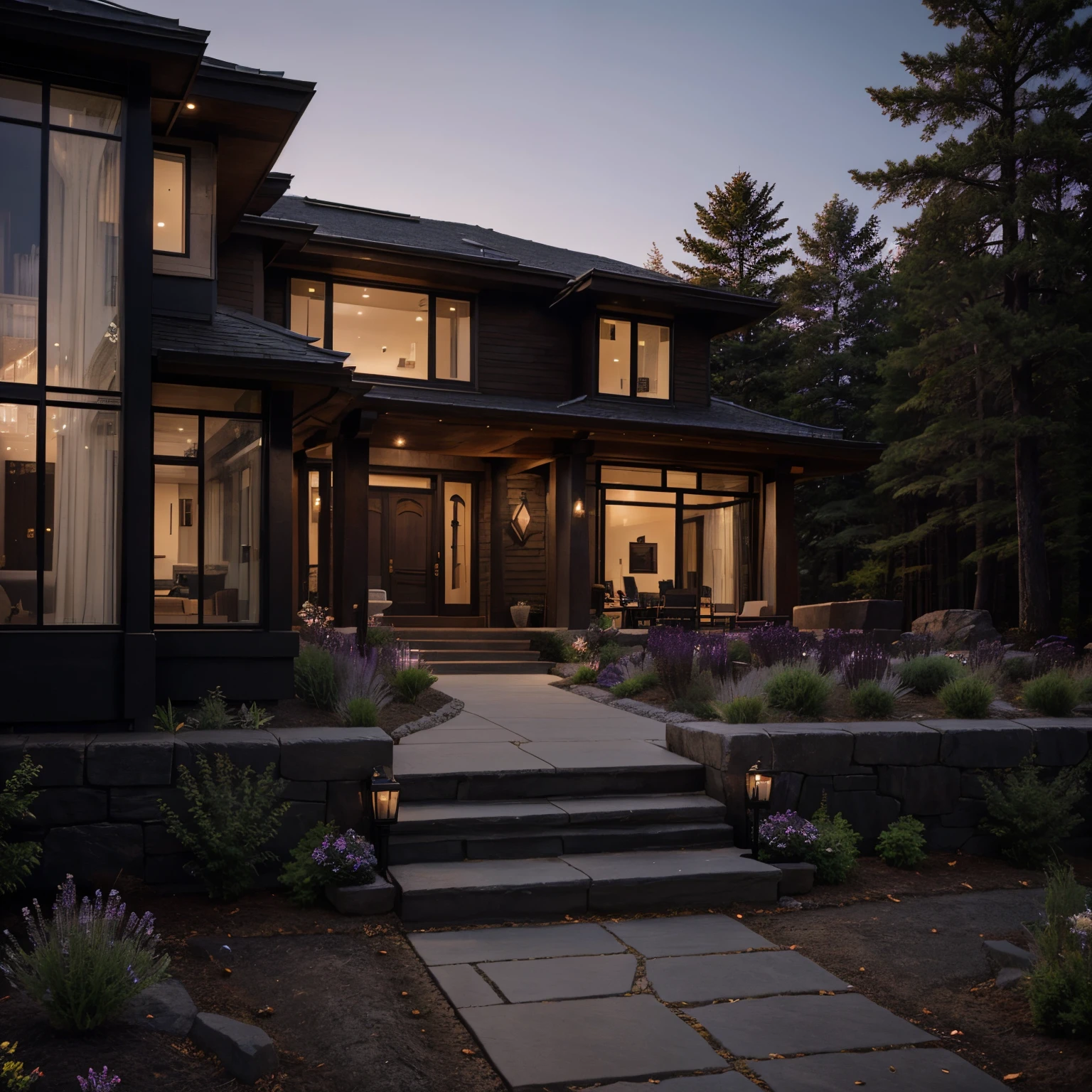 Dark Canadian Elegance with Amethyst Accents
Exterior: "Obsidian Amethyst Retreat" seamlessly blends dark elegance with Canadian aesthetics. The exterior features dark stone walls and large windows, with uncut Amethyst stones strategically placed in the landscaping. The landscaping incorporates native plants, creating a natural yet sophisticated vibe. The view angle captures the understated elegance of the house against the backdrop of the Canadian landscape.