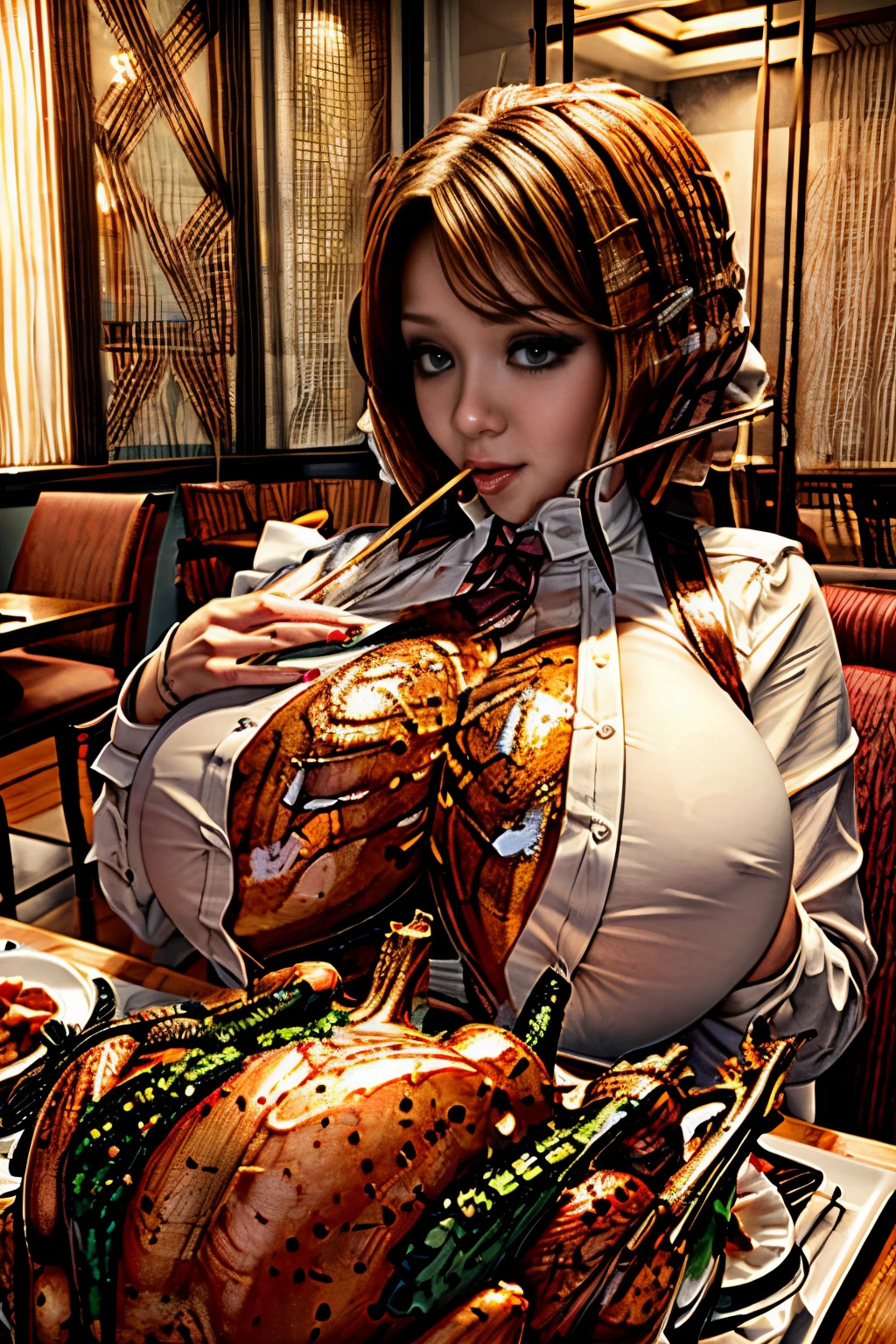 beautiful busty eating ((whole roasted turkey) dishes), fully clothed, brown hair, gigantic breasts, giga_busty.