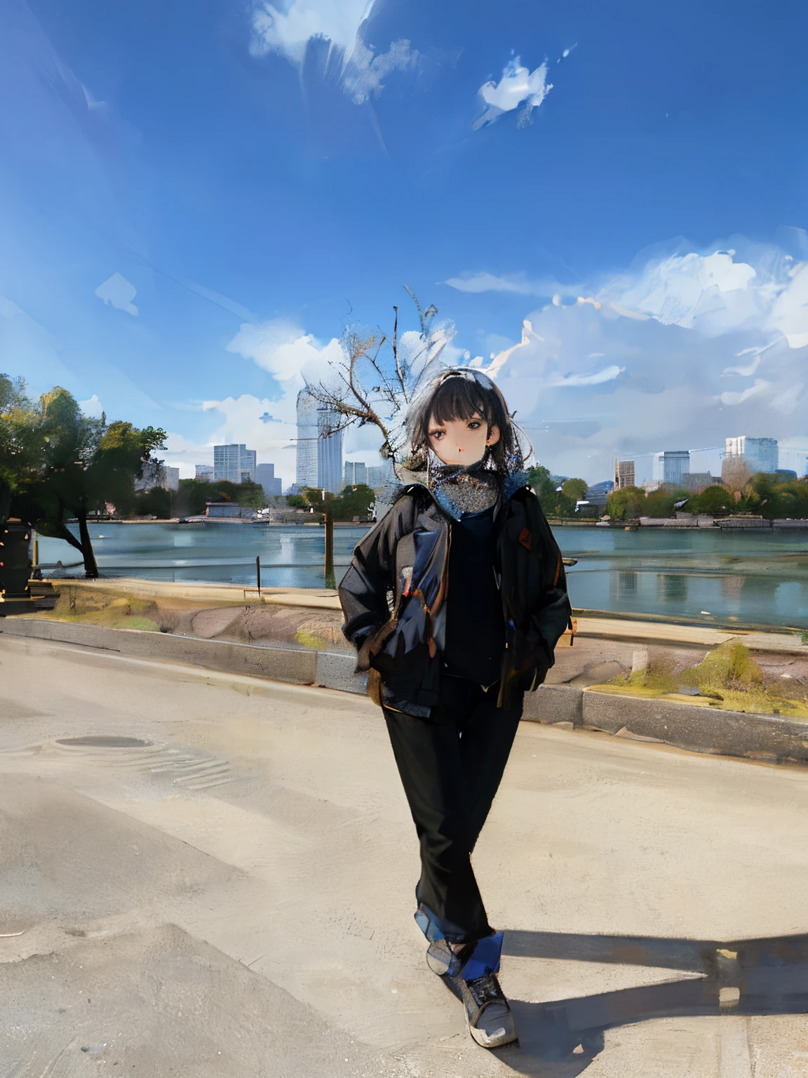 (best quality, masterpiece:1.2), illustrations, extremely detailed CG Unity 8k wallpaper, high resolution, high saturation, low brightness, concept art, unmanned, landscape orientation, small bridge with flowing water, amusement water town, sky, night, full moon, clouds, outdoor, architecture, river, Suzhou garden, one girl wears black jacket