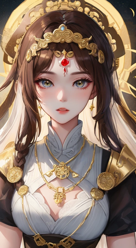 Woman wearing golden mesh headdress pendant on her head, GameCG, cinematic goddess , beautiful fantasy empress, xianxia hero, 4K detail fantasy, Art germ , xianxia fantasy, Inspired by Liu Yifei, 8K portrait rendering,Charming princess knight，(((Gold holy clothes))),with short dark brown hair,(temple),full bodyesbian，