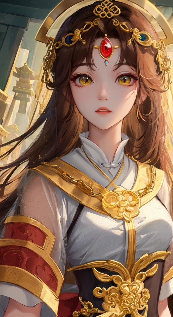 Woman wearing golden mesh headdress pendant on her head, GameCG, cinematic goddess , beautiful fantasy empress, xianxia hero, 4K detail fantasy, Art germ , xianxia fantasy, Inspired by Liu Yifei, 8K portrait rendering,Charming princess knight,(((Gold holy clothes))),with short dark brown hair,(temple),full bodyesbian,