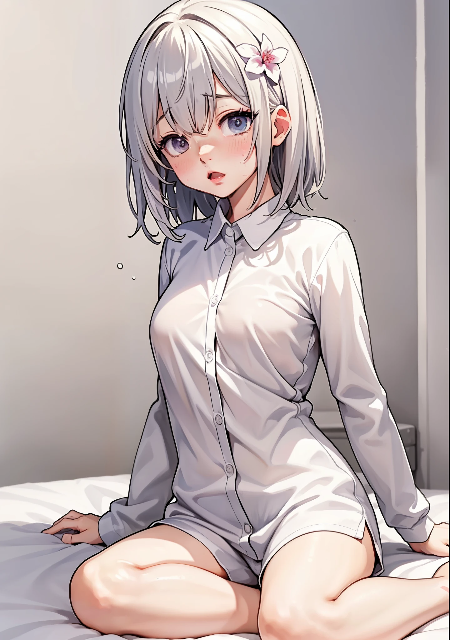 Smooth Anime CG Art、solofocus、1girl in、(((white shirt)))、White shorts、(small tits)、(((Sweat)))、slender、Hair Flower、Medium hair、Open mouth、((sitting on))、(((to close range)))、(((On a white bed)))、White walls、(((The background is only the bed and wall)))