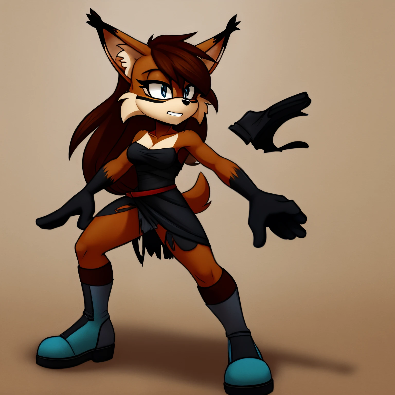 Female, Mobian, Lynx, long hair, slightly torn/damaged athletic red and black dress like attire, fighting stance
