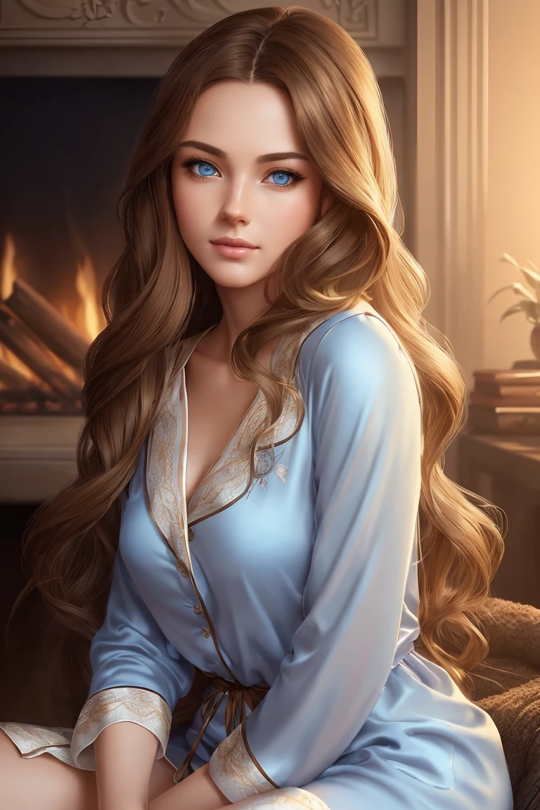((A couple in love)), ((woman with long brown hair, blue eyes dressed in pajams)), sitting by a fireplace with ((man with short blonde hair dressed in pajamas)), (((snuggle))), hair with many details, 8k artgerm bokeh, fanart best artstation, render photorealistic, guweiz-style art, inspired by WLOP, ig model | artgerm, detailed waist up portrait, stunning wais t up portrait of realistic face, beautiful waist up portrait, deviantart artstation cgscosiety, cinematic realistic portrait, high quality portrait, elegant digital painting, photorealistic artstyle, ((dimly lit living background))