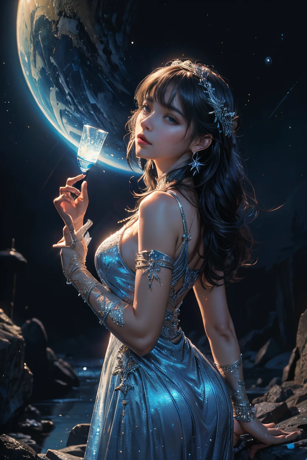 increible obra maestra, ultra realismo, dreamy world, super detallado, luz fuerte, alto contraste, ((verde, plateado, brillo tenue), paleta limitada, aesthetics, super calidad, 4k, artwork, (obra maestra), (ultra-detallista: 1.4) , ((super delicado y hermoso) , (luz detallada) , joven mujer, maquillaje suave, tematica frio, via lactea, estrellas, reflejos en el agua, agua termal, cabello blanco, trenzas, vestido blanco , suave destello, pose dinamica, pose elegante, constelacion, colores dessaturados, arte de Norlin, luna de cristal, vestido con capa, hermosas claviculas, busto, joyas elegantes, mirando hacia el costado, movimiento suave, sola, en el espacio, universo, estrella fugaz, polvo de estrellas, parada en agua cristalina, cuerpo completo, cielo estrellado, mundo de fantasia, Dream woman, Inside a dream, agua quita, lago tranquilo, piernas hermosas, hechicera eterea