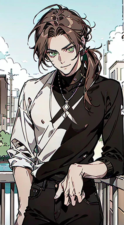 ((sexy tall man, young_adult_face)), (glowing green eyes), masterpiece, superb quality, sharp eyes, piercing eyes, smirking, sexy smirk, wicked smile, portrait, gradient ((dark brown hair)), shaggy hair, ((rattail hair)), (shiny tan skin), darkbrown_hair, solo, outdoors, ❤ love, handsome anime boy, 1 man, wearing black skinny jeans, wearing brown sweater, head tilted, ((face front)),