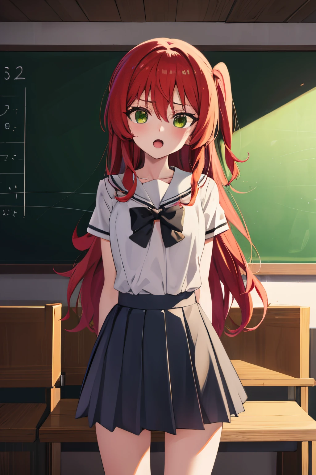kitaikuyo, ikuyo kita, (green eyes:1.5), hair between eyes, long hair, one side up, red hair, (flat chest:1.2),
BREAK black footwear, black skirt, grey sailor collar, pleated skirt, sailor collar, school uniform, shoes, short sleeves, shuka high school uniform, skirt,,
BREAK looking at viewer,
BREAK indoors, classroom,
BREAK (masterpiece:1.2), best quality, high resolution, unity 8k wallpaper, (illustration:0.8), (beautiful detailed eyes:1.6), extremely detailed face, perfect lighting, extremely detailed CG, (perfect hands, perfect anatomy),up chest.big breasts.Sad face.open mouth.