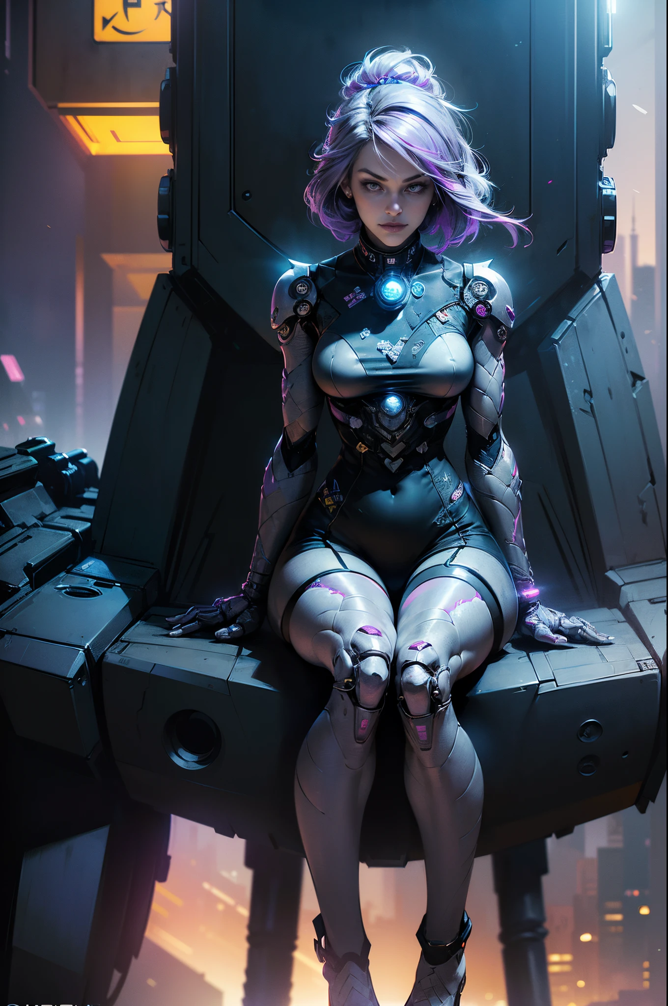 （(His works have won many awards, With incredible details, textures and maximum detail，(フォトリアリスティック))）, ((Depicted in a cyberpunk style，1female，dressed in：Harajuku style fashion，(Mechanical tissue left arm with LED light（Riel Mecha），Mechanical tissue left leg with LED light（Riel Mecha）)，Smile in front of the camera， ((Sitting on the LunarPunkAI sports car)),， ((Get aboard the LunarPunkAI sports car)), (((Correct ratio of people to vehicles：1.6)))，Bold colors and patterns, eye-catching accessories, Stylish and innovative hairstyle，Pick dyeing，))，（(Teenage girl，girl，((Sexy girl：1.6))，(mediuml breasts)，))， (Full-body image：1.1)， (best quality real texture skin), ((five perfect and beautiful fingers)), (Anatomically correct limbs and physique:1.5), (Anatomically correct perspective and occlusion：1.5)，(Gender characteristics are very obvious：1.5)，(Exquisite, round and symmetrical eyes), (correct faces), ((A detailed的the face：1.6))，((Background with：bedazzled，cyberpunk city landscape, skyscrapper, (neonlight), (LED lights)，))， (Complicated details:1.1), the complex background))， ((Bright and vivid color scheme：1.7))，((dynamic viewing angle+dynamic combination))，city night，001