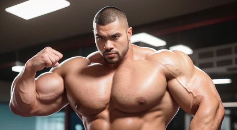 (Very detailed 8k wallpaper), Strong Asian Men, At the gym, high detailing, buzzcut, very large and strong body, bulging muscles, well-muscled, very large pectoral muscles. Very sexy abs, legs are muscular, Toned figure, lightens oily skin, muscular, Tank top, T-shirt, longshot, Wide Shot