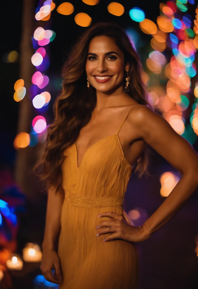 A photo of Isabella attending a nighttime outdoor event, surrounded by colorful and vibrant installations in a sex-positive art festival.,original,Dr. Isabella Marquez, the sex therapist, embodies an aura of effortless beauty with her long, flowing hair, striking features, and a warm, inviting smile that puts her clients at ease. Her style is both professional and alluring, often wearing chic, form-fitting dresses that complement her confident, graceful demeanor.