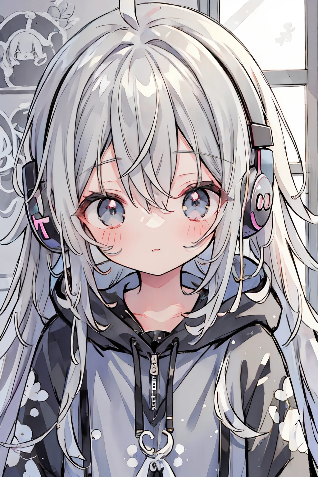 absurderes, hight resolution, (Anime style:1.1), ((masutepiece)), ((Best Quality)), (Ultra-detailed), (Beautiful),Beautiful face、(liftup),Cute *********** s,Wind,(((head phone)))Gray hair、inside in room、games、(((games)))about、Dark background、Background Simple、parka、(Gray hoodie)(Delicate eyes、Colorful eyes、)、(((Long、Unkempt hair)))