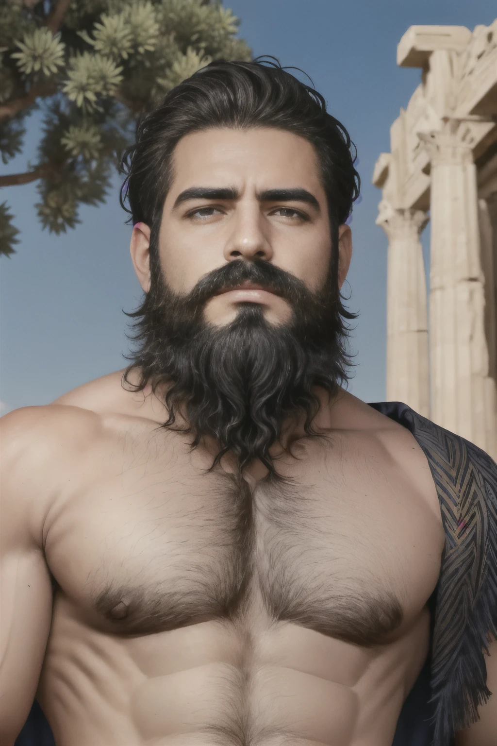 A painting of a Greek god, with a thick, neatly trimmed beard, dark hair, and a powerful gaze. He is depicted in a classic Greek style, wearing a laurel wreath on his head and draped in a toga. The backdrop is an ancient Greek temple surrounded by olive trees, under a bright blue sky. The god exudes an aura of wisdom and authority, and his beard is a prominent feature