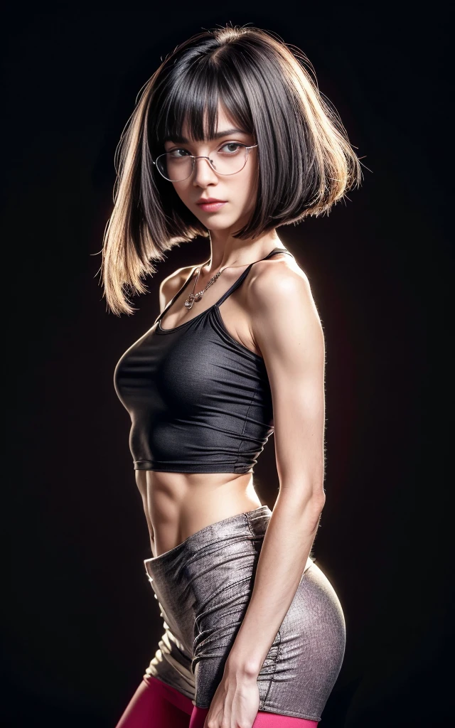 (8K, Masterpiece, RAW photo, Best quality, detail:1.3), (ultra realistic:1.4, scenary, 8K), Depth of field, Cinematic light, (ultra realistic face), (1 solo girl:1.7), (Beautiful and elegant Russian girl), ([tight miniskirt|tight leggings|tight skinny jeans|tight minidress|tight skinny minishorts]:1.4, [(vivid red)|white|pink|purple]:1.5), (skinny girl with glasses), (European face:1.3), (natural abs), (full body:1.5), ([tight minitop|tight jacket]:1.4), (small necklace, collarbone:1.1), ([long hair|short hair]:1.5), (ultra detailed skin:1.4), (soft mate fabric:1.3), ([frontal pose|side profile pose|back profile pose]:1.5), (face looking at viewer:1.5), (perfect hands:1.2), ([black hair|blonde hair]:1.4), (Lob (Long Bob) hair:1.5)