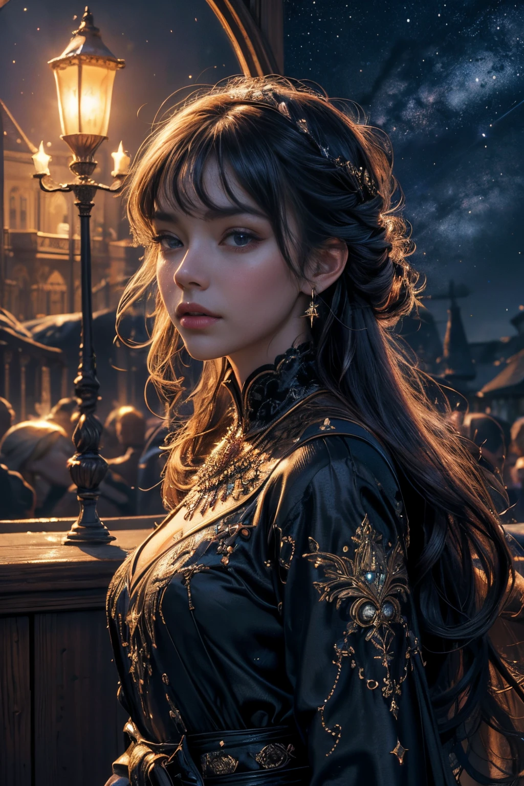 (masterpiece, best quality, hires, high resolution:1.2, 4k, 8k , high quality), extremely detailed, realistic, intricate details, highres, 1girl, solo, (cinematic lighting, sunlight, perfect lighting, backlighting), eye-level shot, extreme close-up-shot, looking at viewer, 
 wrenchfaeflare, glowing, embroidery, accessories, jewelry, reflection, refraction, insert_your_color dress, insert_yourr_pattern pattern, add_some_random_mumbo_jumbo__like_molten_lava_frozen_ice_idk, night sky, starry sky, star \(sky\),