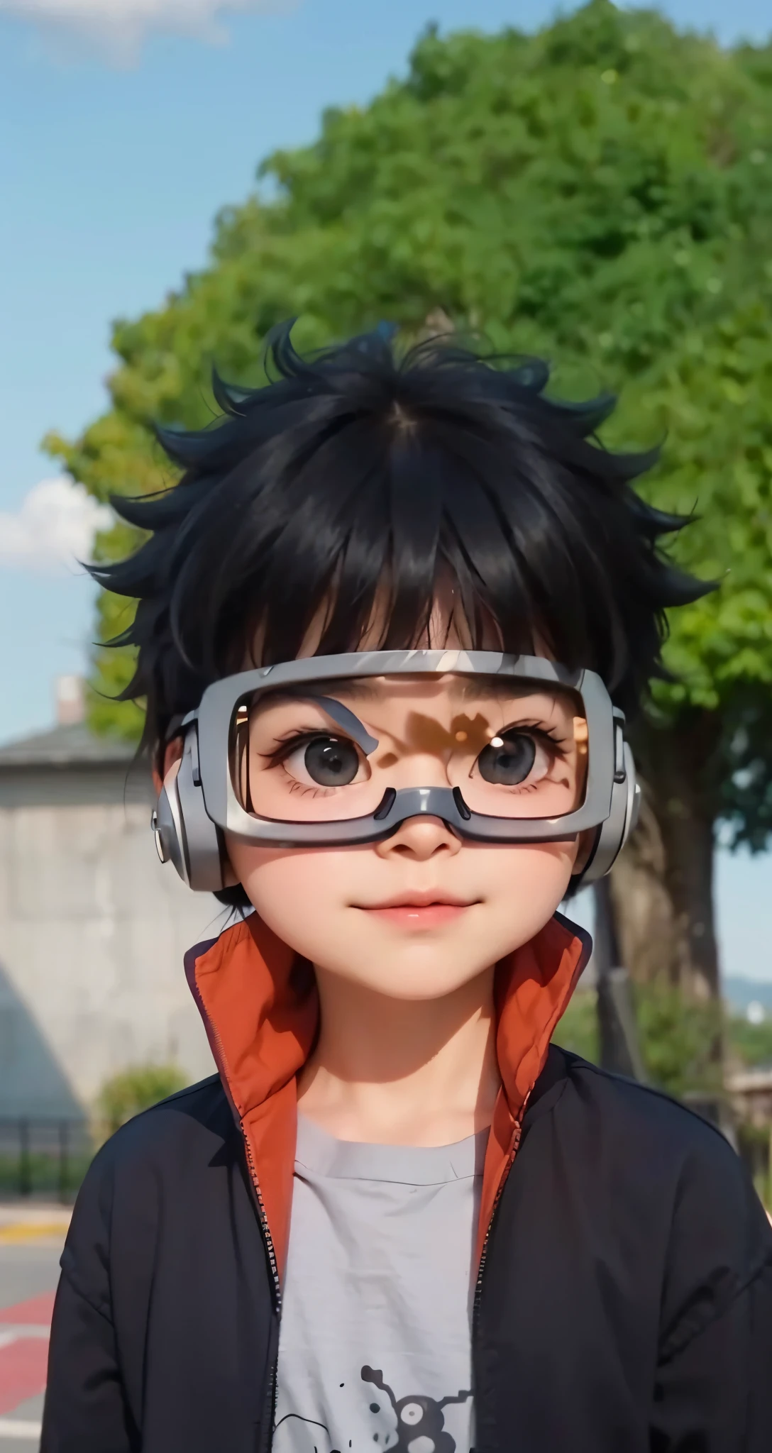 Real life adaption of this character ,The handsome face of a boy, realistic same hair , (realistic same outfit), realistic background , realistic light, realistic shadow, realism, hyper realistic,(photorealistic:1.2), normal small eyes,wear realistic pilot glasses Made from iron