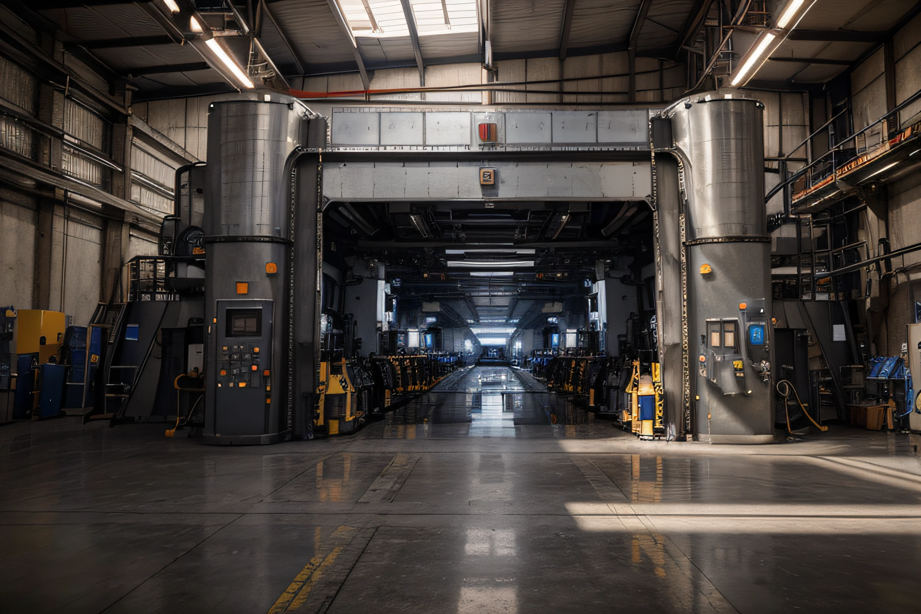 Future advanced automated factory production, high-tech production equipment, equipment with strong metal texture, bright picture, different machines, photography master, details of factory machines, ultra-wide angle, high realism, light and dark