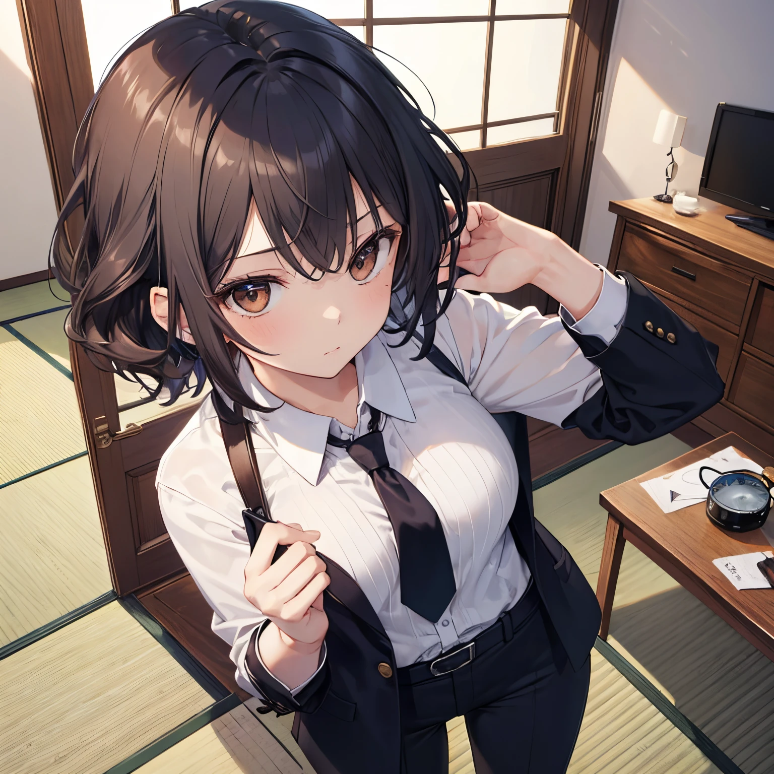 (modern style), (masterpiece), (best quality), high resolution, ultra detail, photorealistic, 8K, intricate face, detailed body, detailed face, beautiful,
BREAK
1girl, Beautiful girl, middle breasts, narrow waist, athletic body, (short perm hair, black hair, big eyes, brown eyes)
BREAK
white shirt under gilet, pants suit, tie, thinking, pensive, Scratching head, Japanese style room, tatami, ((Alarm clock))