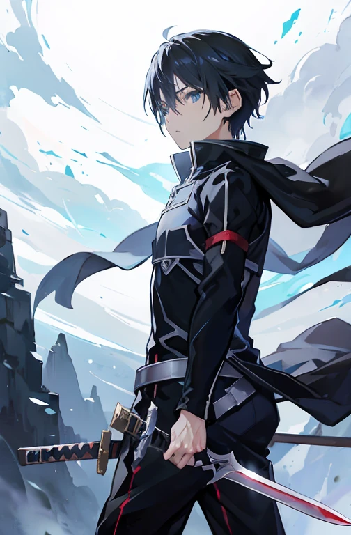 a person with a sword in their hand, kirito, sao style anime, sao, ufotable studio art style, anime style like fate/stay night, epic artwork, holding sword, male anime character, sword art online, wielding a sword, whitesmith, high resolution, ultrasharp, 8K, masterpiece, looking at viewer