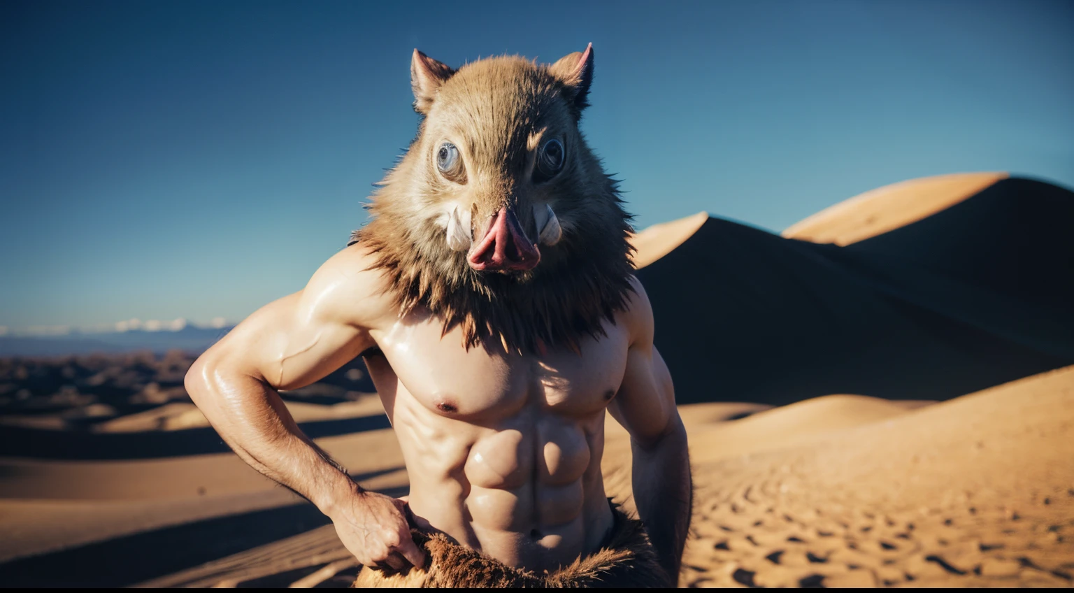 masterpiece, best quality, 1boy, inosukemask, mask, animal, cowboy shot, abs, hands on hips, black pants, thick lineart, sand, dune, sun, blue sky, desert background